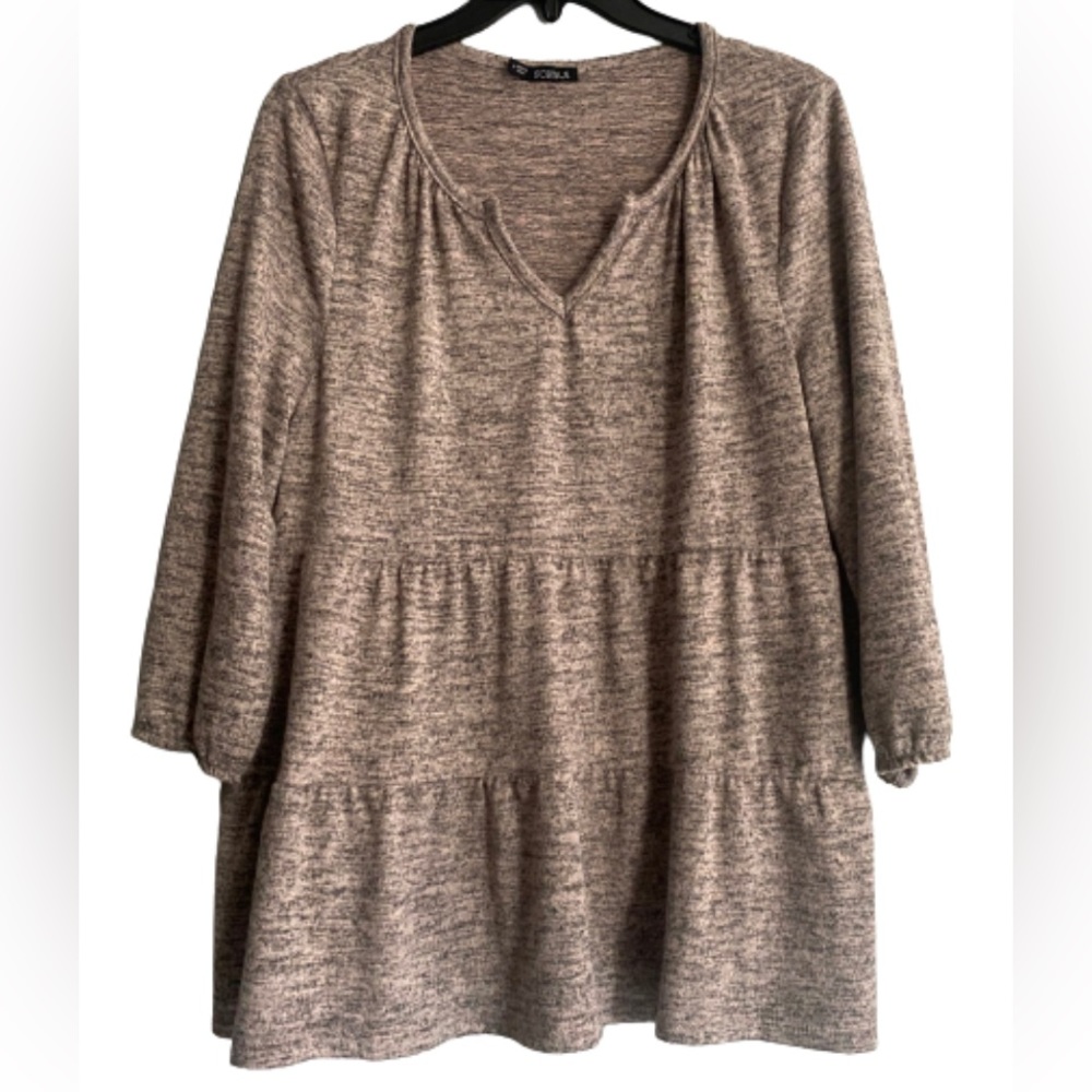 Storybuk- Tan/ Brown 3/4 Sleeve Tiered Tunic
